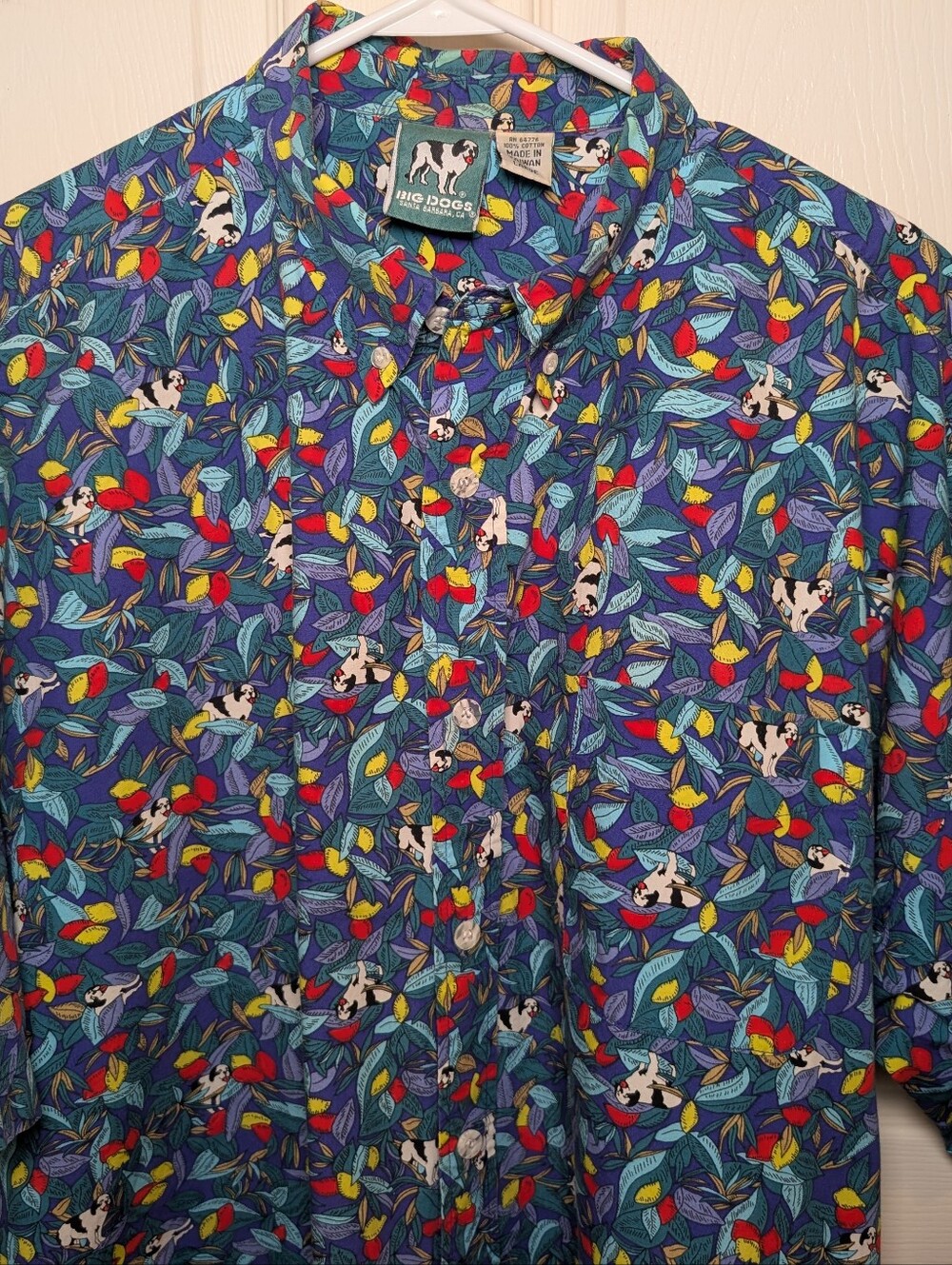 Big Dogs Shirt Mens Large Blue Hawaiian Aloha Button Front Dog Print Vintage